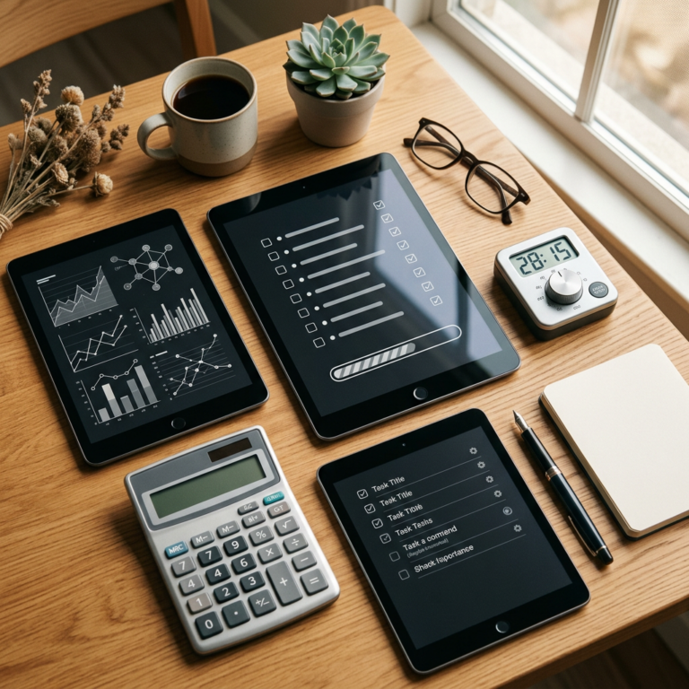 Desk with tablets displaying charts and task lists, calculator, coffee, and notebook