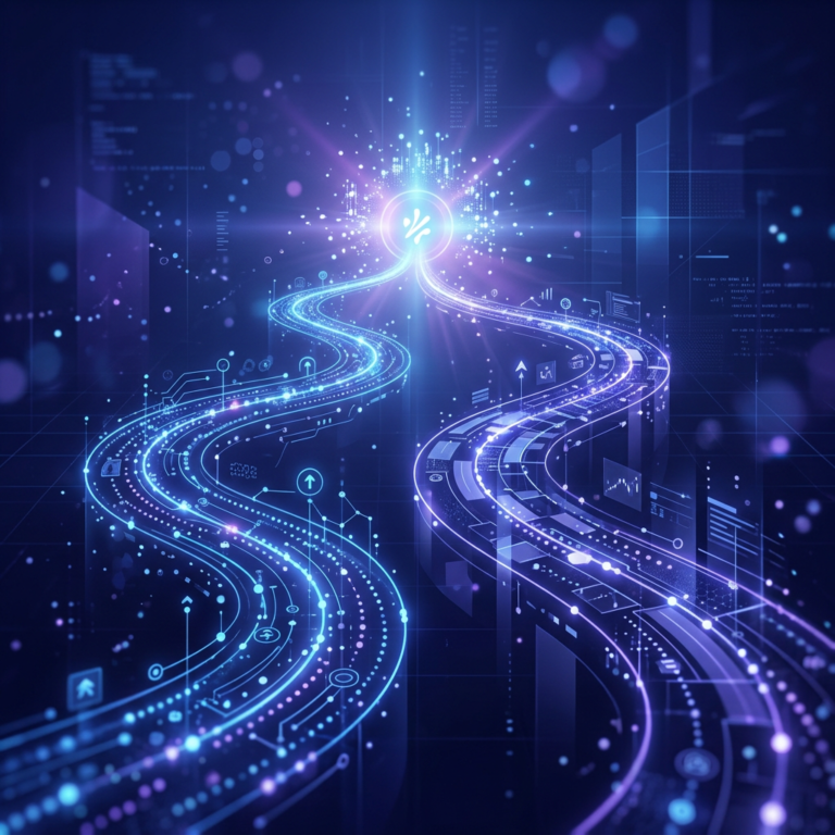 Glowing digital pathways converging on a central technology symbol