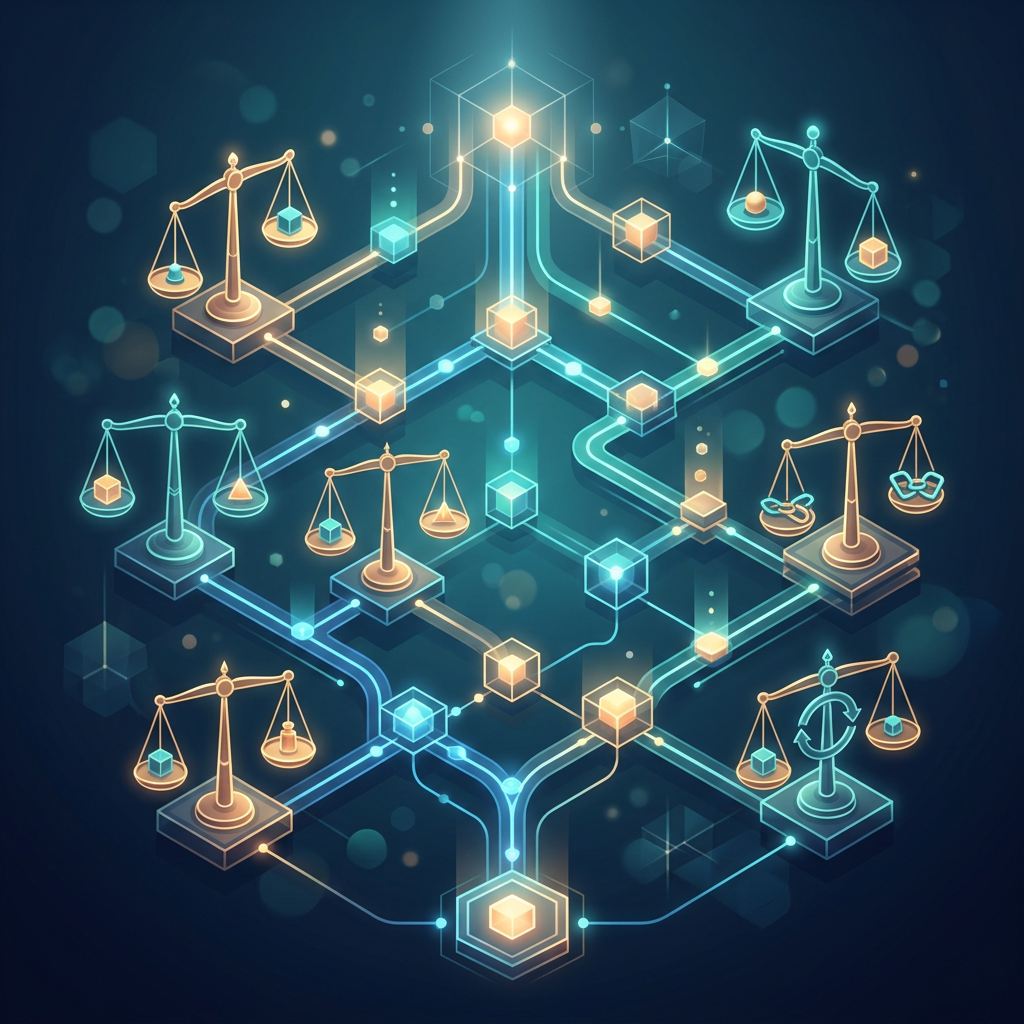 Glowing network connecting multiple scales of justice and balanced symbols