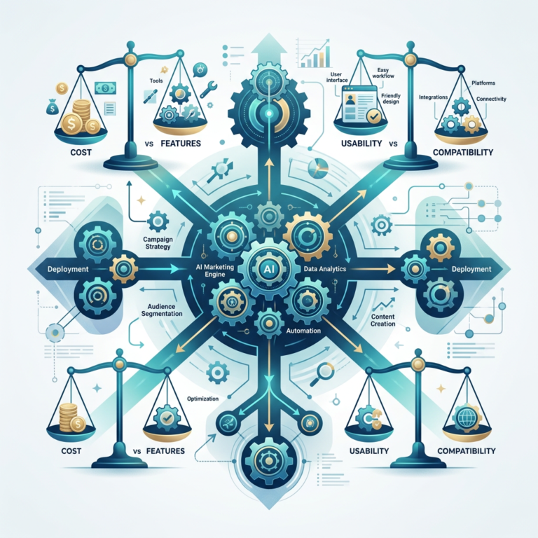 AI marketing engine diagram comparing cost, features, usability, and compatibility